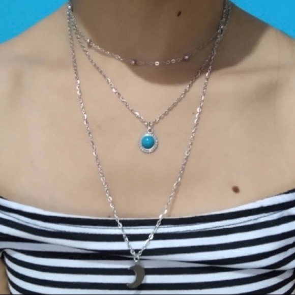 Boho Silver Moon Pendant Turquoise Layered Necklace - Picture 5 of 8